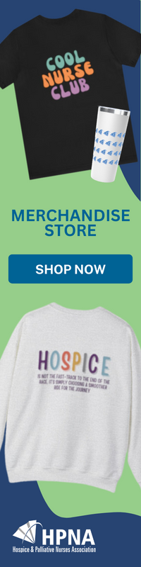 HPNA Merchandise Store - Image of Cool Nurses Club t-shirt, an HPNA themed travel mug, and a Hospice crew neck sweater